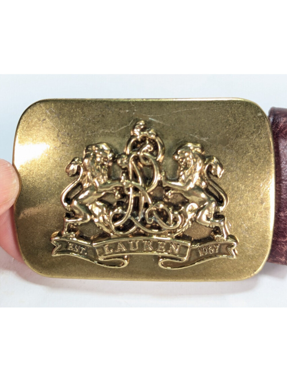 Lauren Ralph Lauren Monogramed Brass Buckle Brown Leather Belt 34-36" Lions Logo - Picture 2 of 8